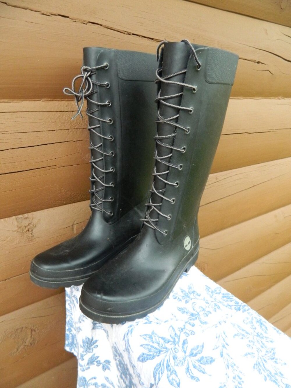 Timberland Boots Womens Size 9 Black Rubber Lace Tall Knee High Rain Waterproof